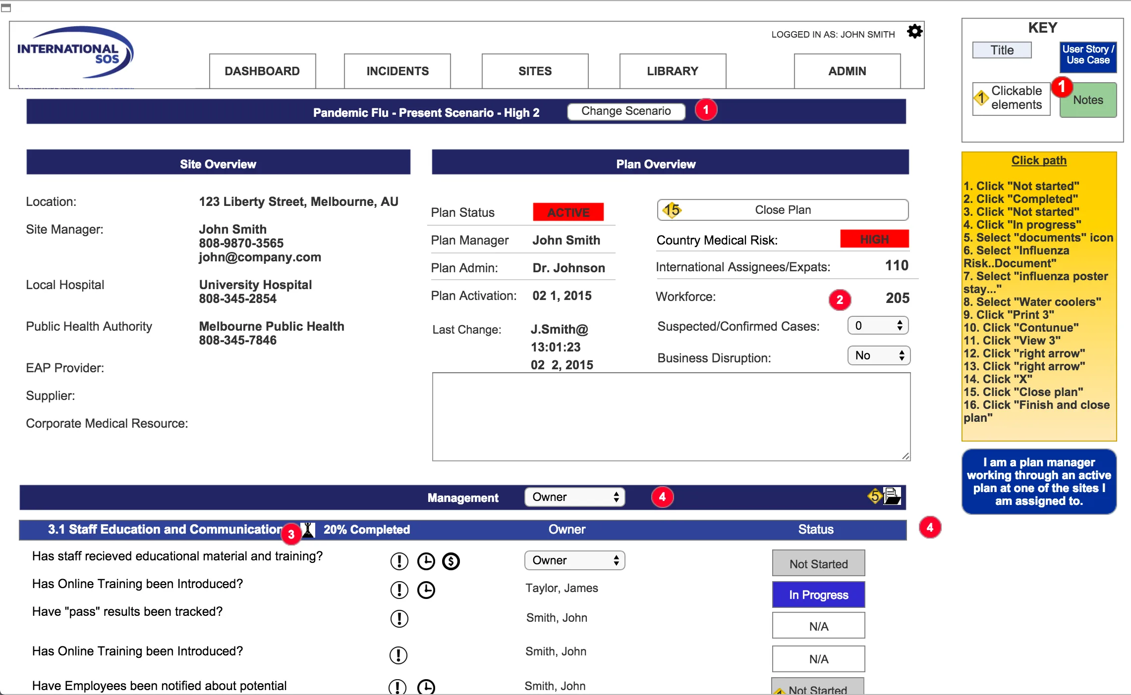 Plans in Action screen wireframe for task assignment and status tracking