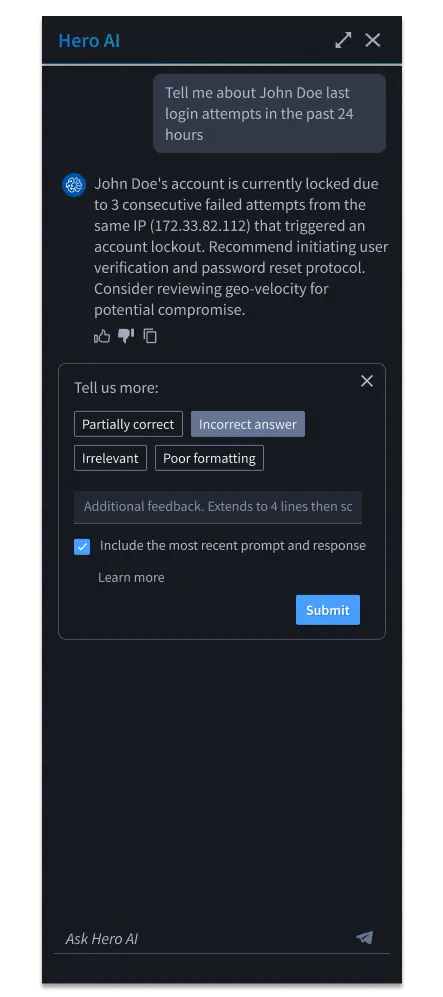 Example of the thumbs-down feedback mechanism for an AI output