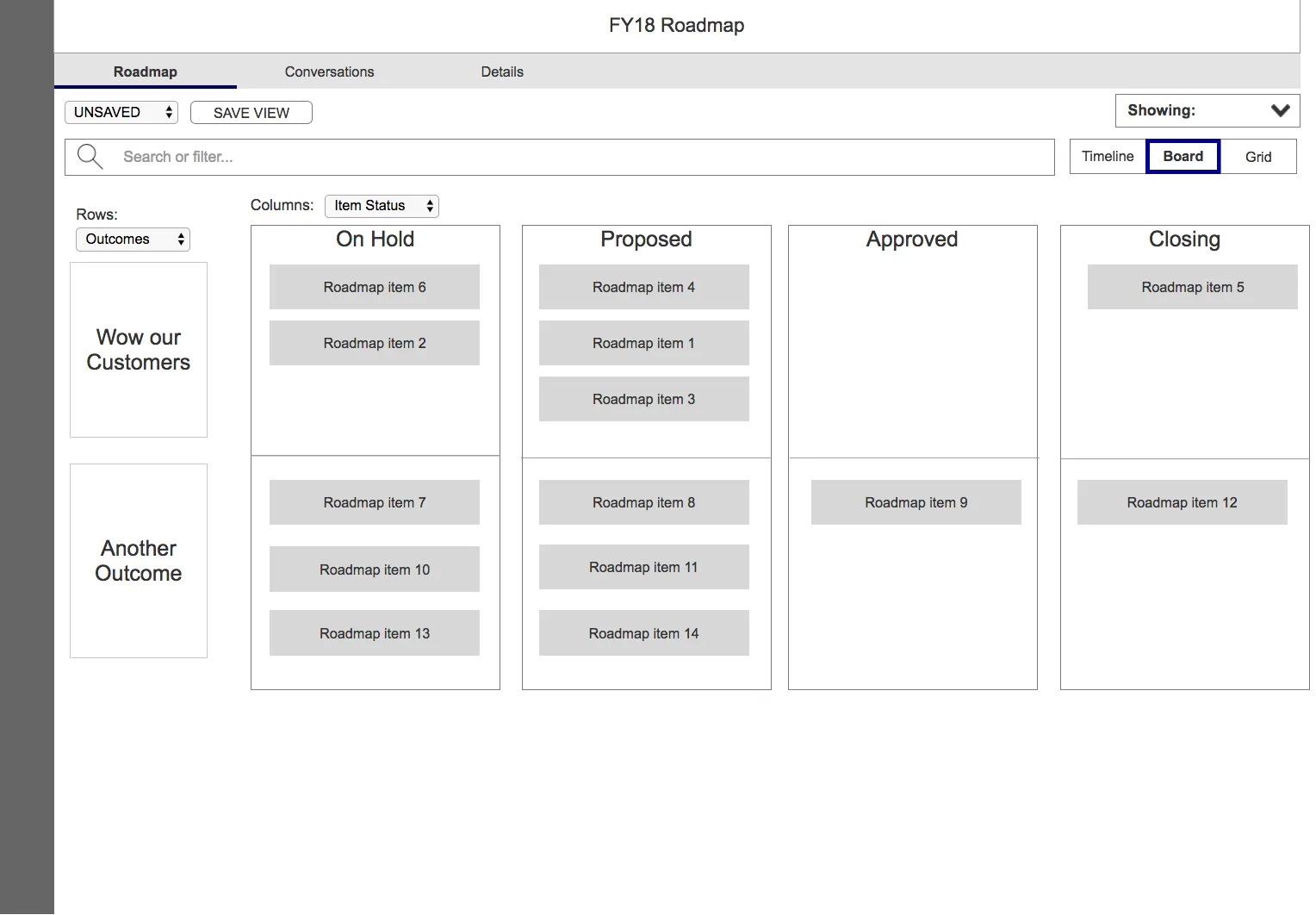 Roadmapping Board view showing roadmap items grouped by status columns
