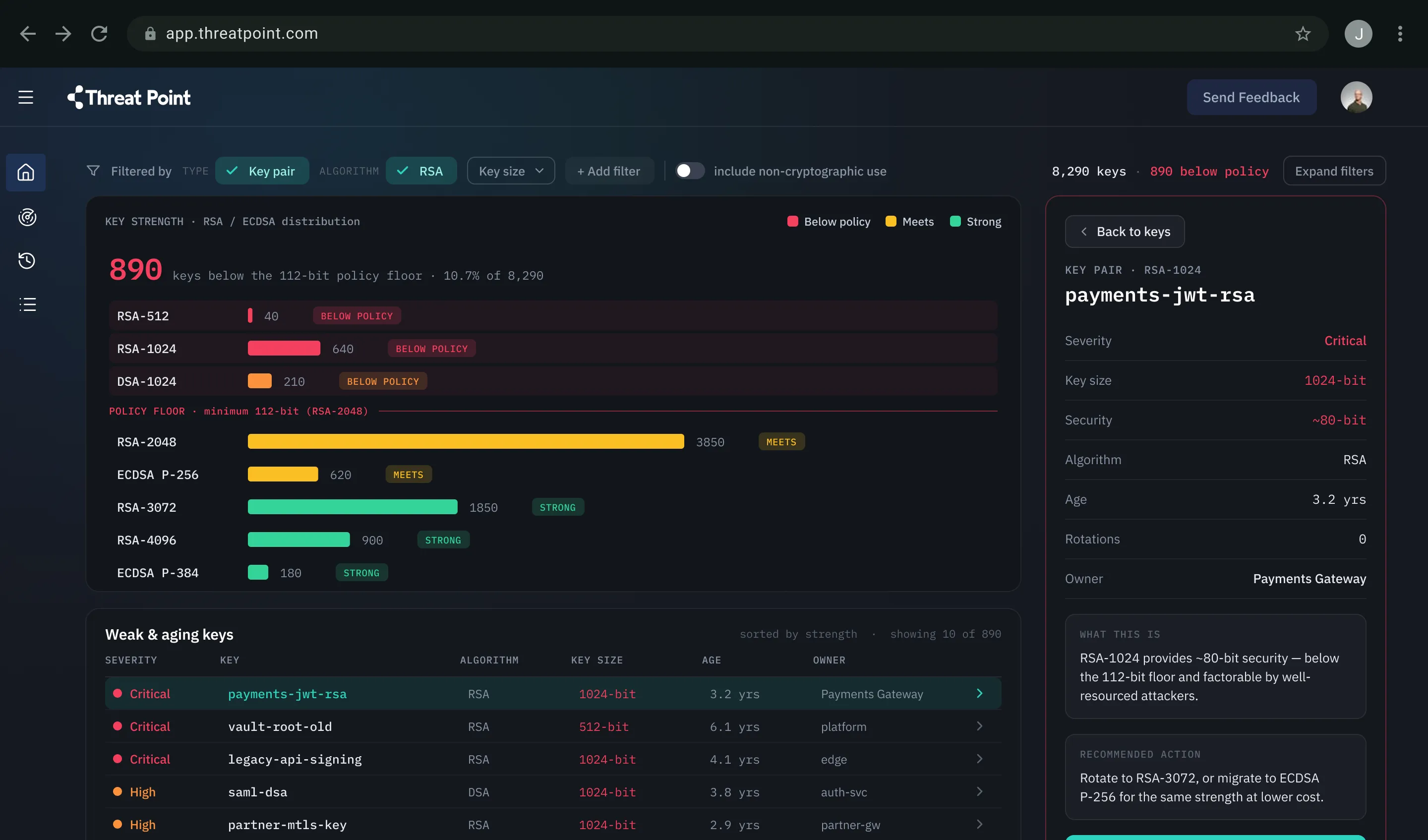 Early ThreatPoint concept showing keys below the encryption policy floor and a detail panel for a critical key
